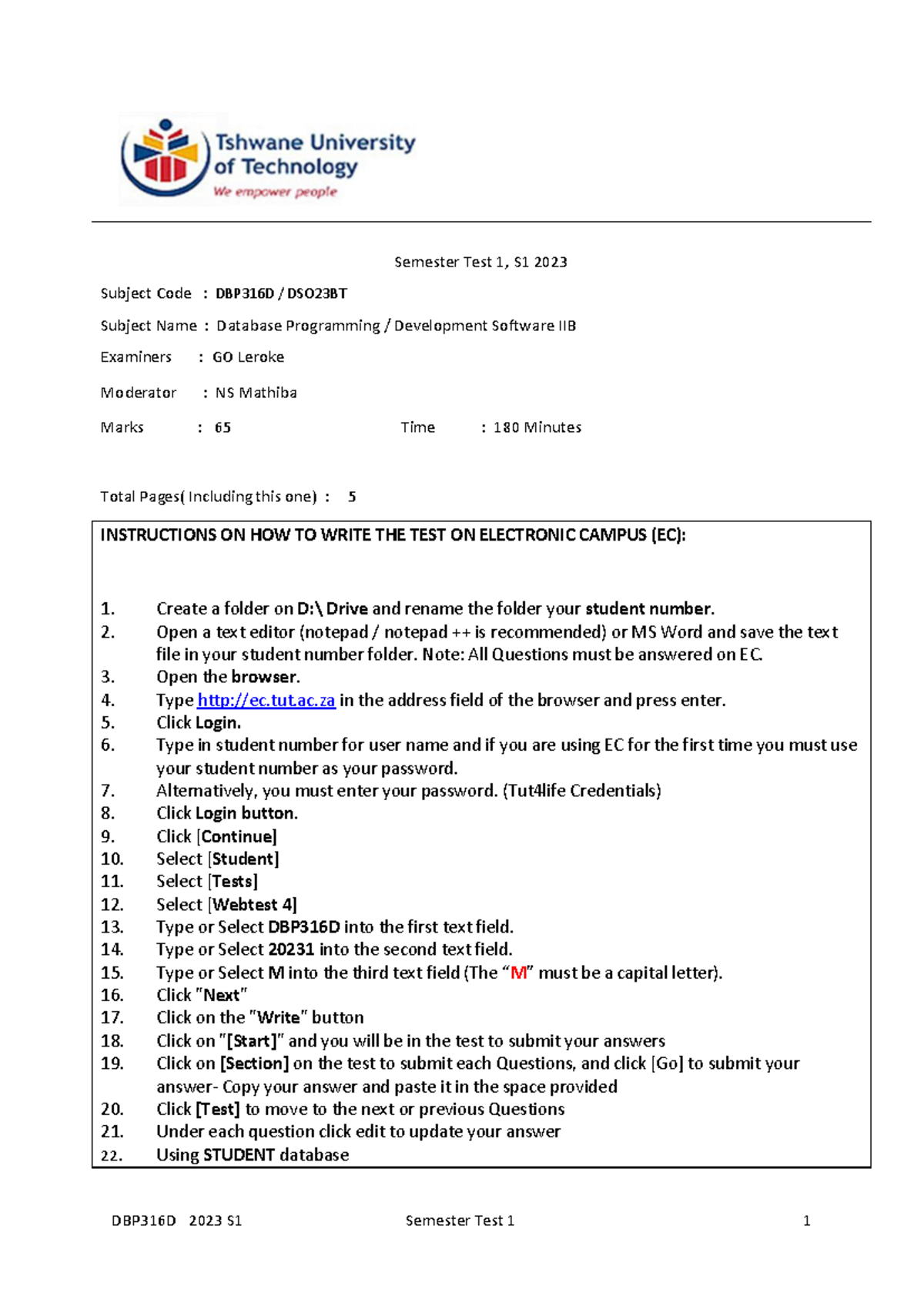 DBP316D FA1 Semester Test 1 Memo - PL/SQL Solutions and Guidelines ...