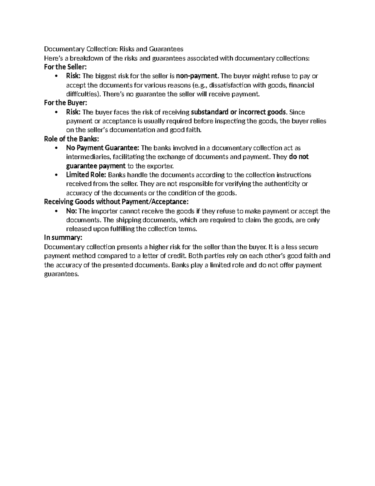 Documentary Collection Risks & Guarantees - CHAP 6 Overview - Studocu