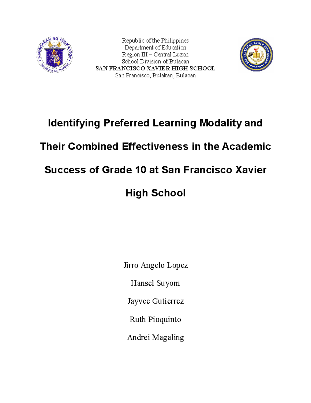 Identifying Learning Modalities and Their Impact on Grade 10 Success at ...
