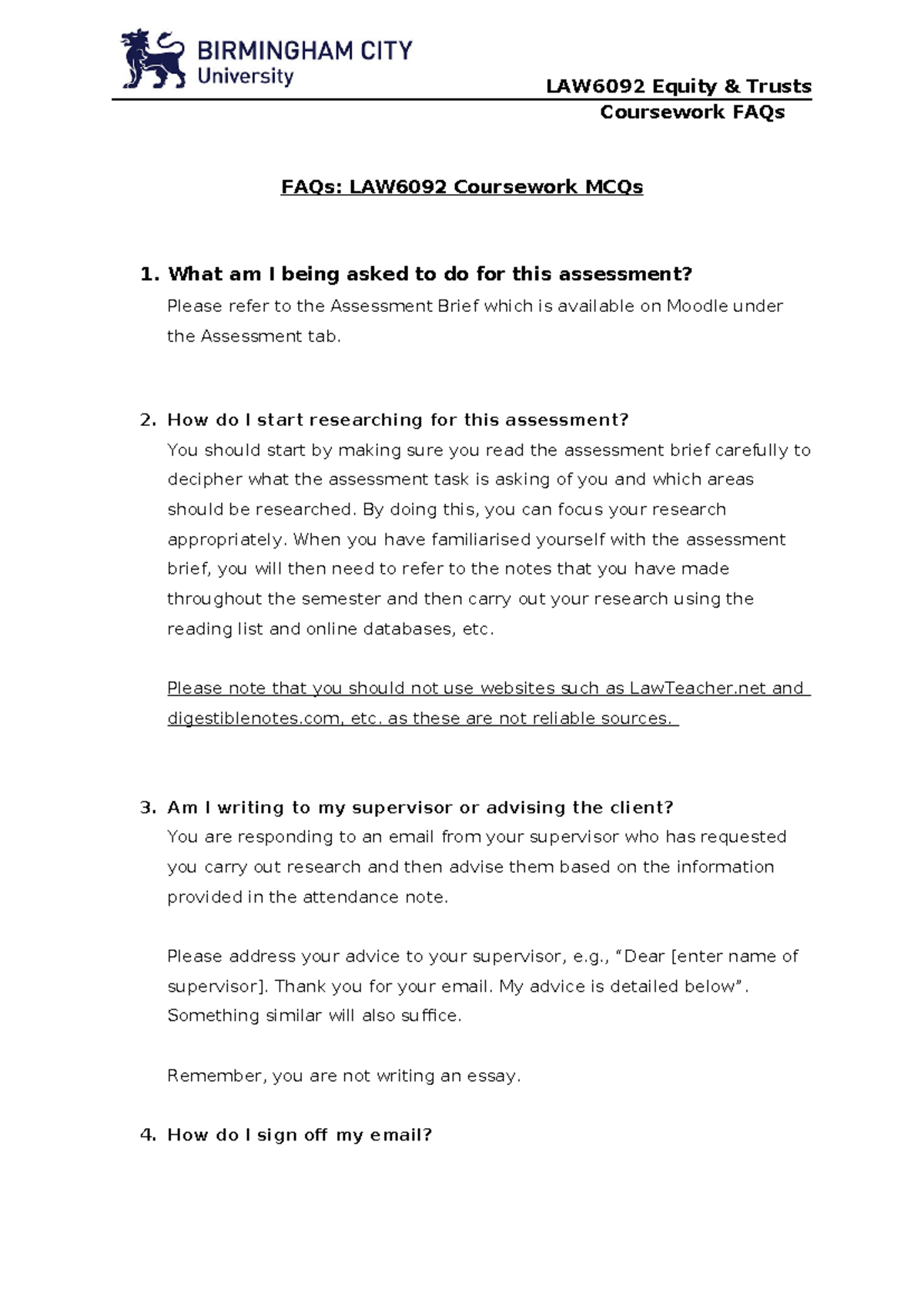 LAW6092 Equity Trusts Coursework Assessment FAQs and Guidelines - Studocu