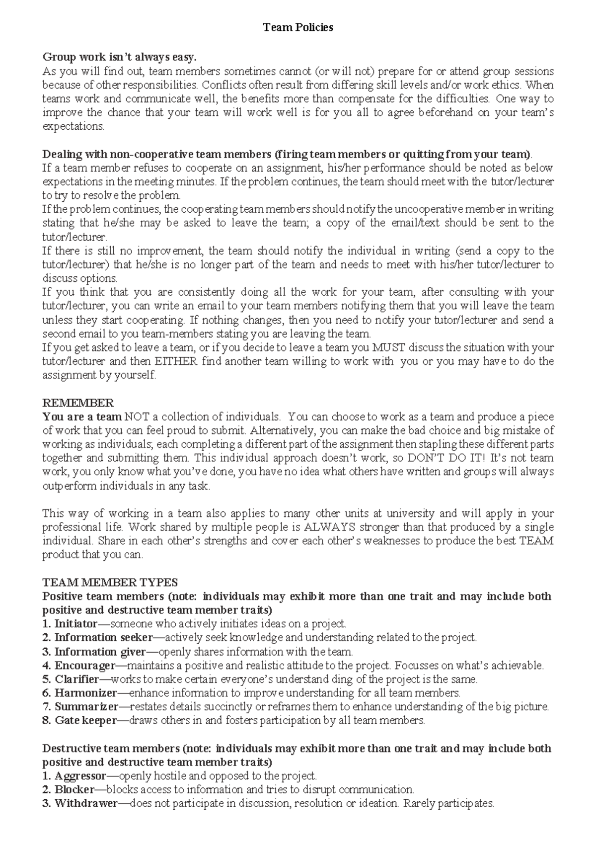 COS60010 Team Policies: Enhancing Group Work Dynamics - Studocu