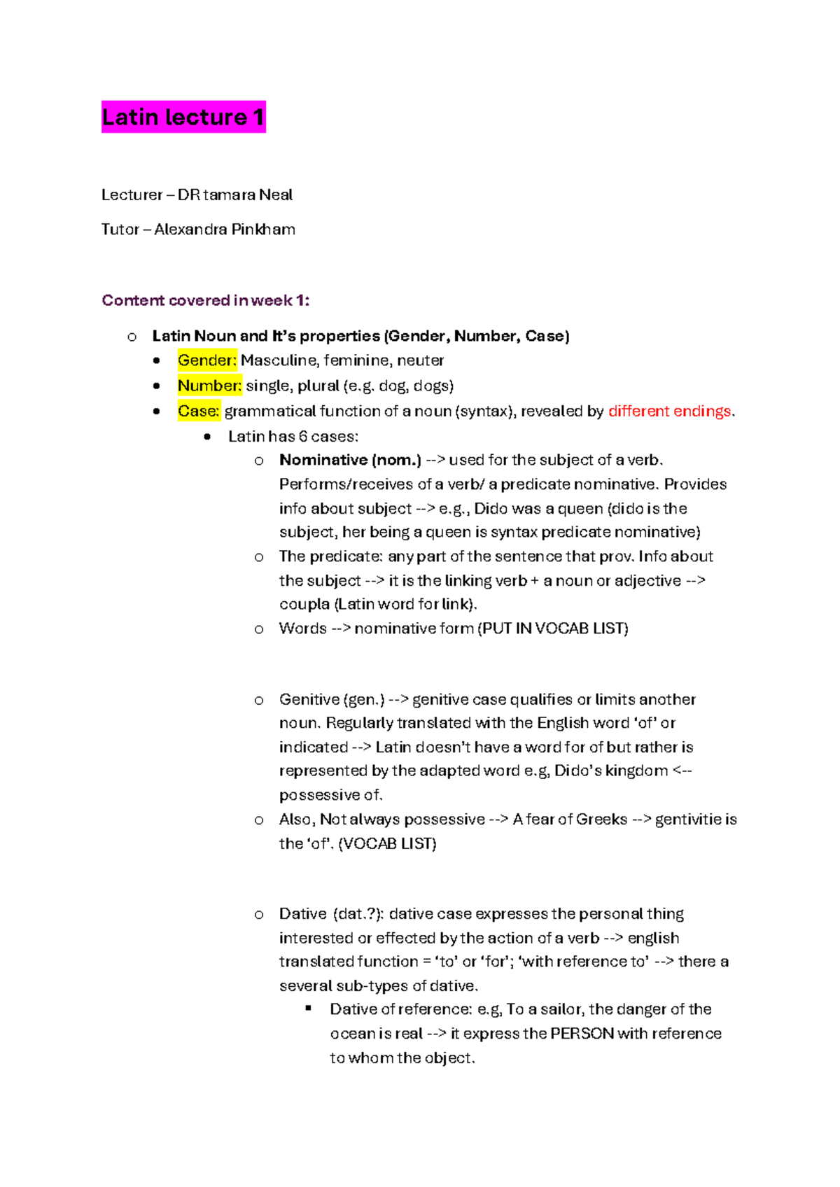 Latin 101 Lecture Notes: Week 1 - Nouns and Their Properties - Studocu