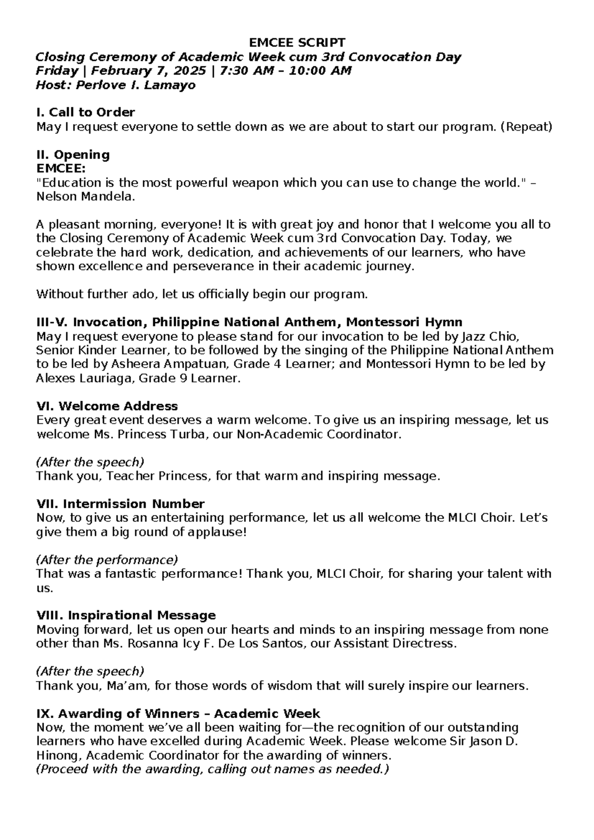 Emcee Script-1 - Sample Script - EMCEE SCRIPT Closing Ceremony of ...