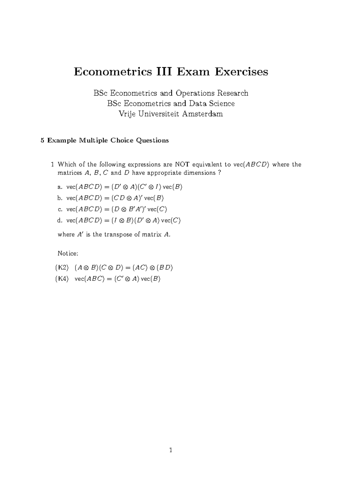 ECTR3 Final Exam 2024: Econometrics III Example Questions - Studeersnel