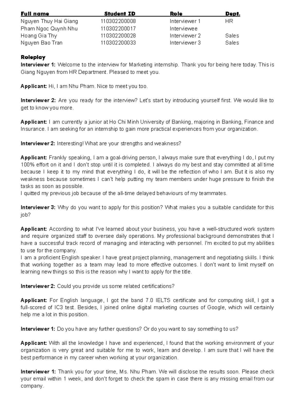 Roleplay: Marketing Internship Interview Guide - HR Reflections - Studocu