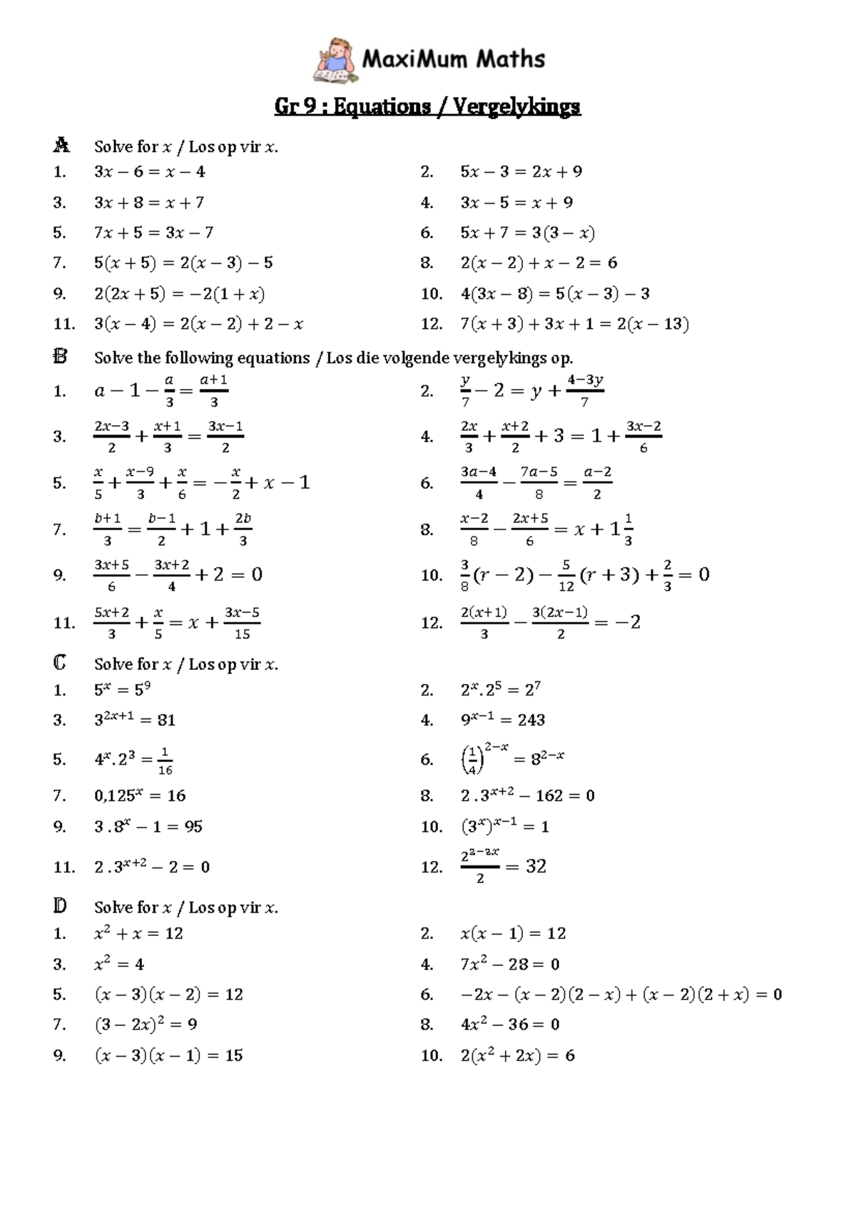 Gr 9: Equations / Vergelykings - Problem Set and Solutions - Studocu