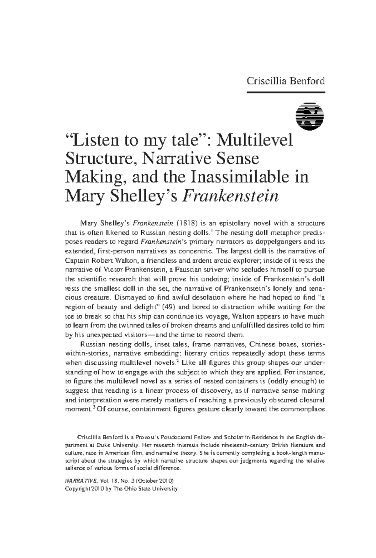 Multilevel Structure and Narrative Sense Making in Frankenstein (ENG ...