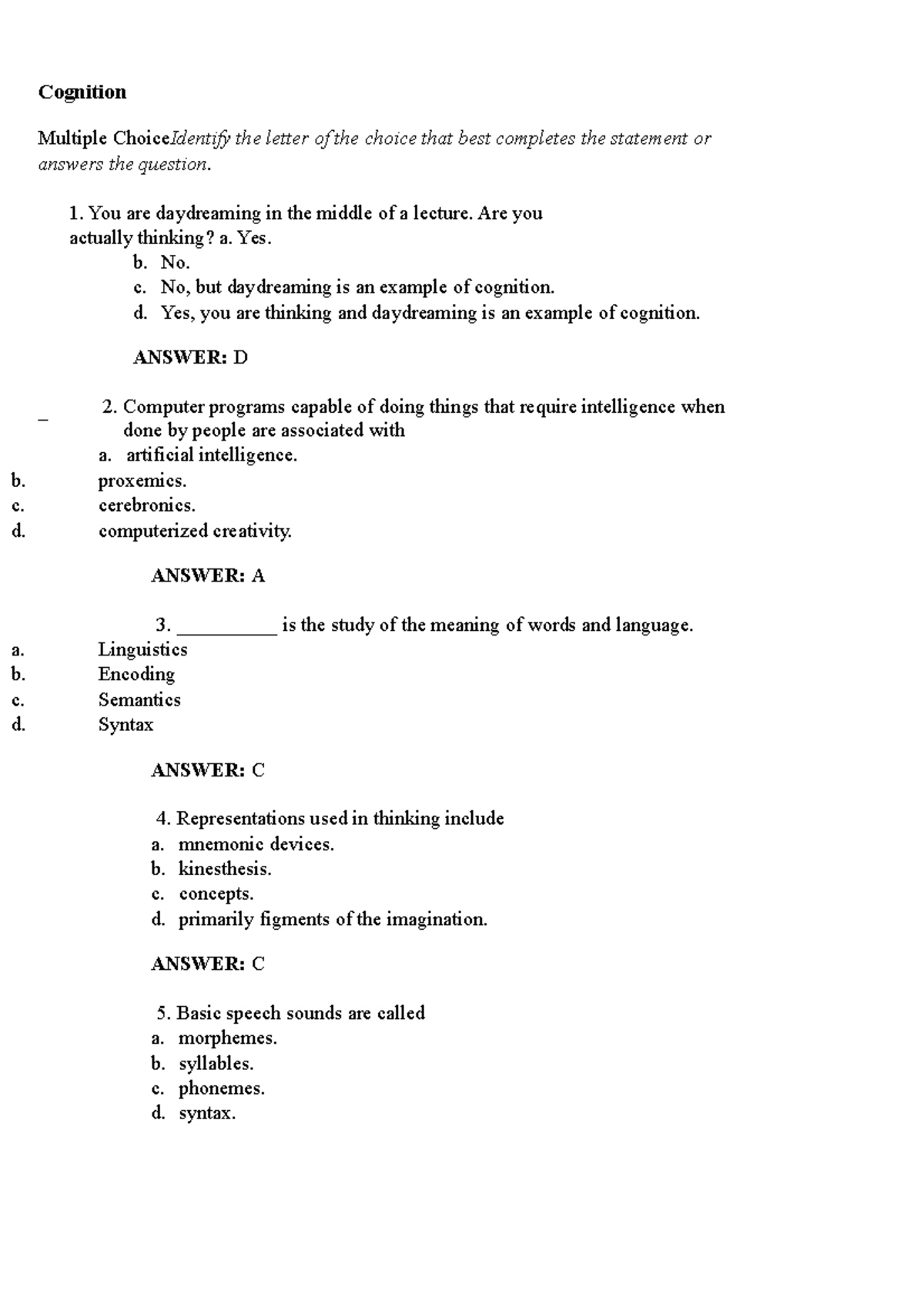 Cognition - Practice Material test - Cognition Multiple Choice Identify ...