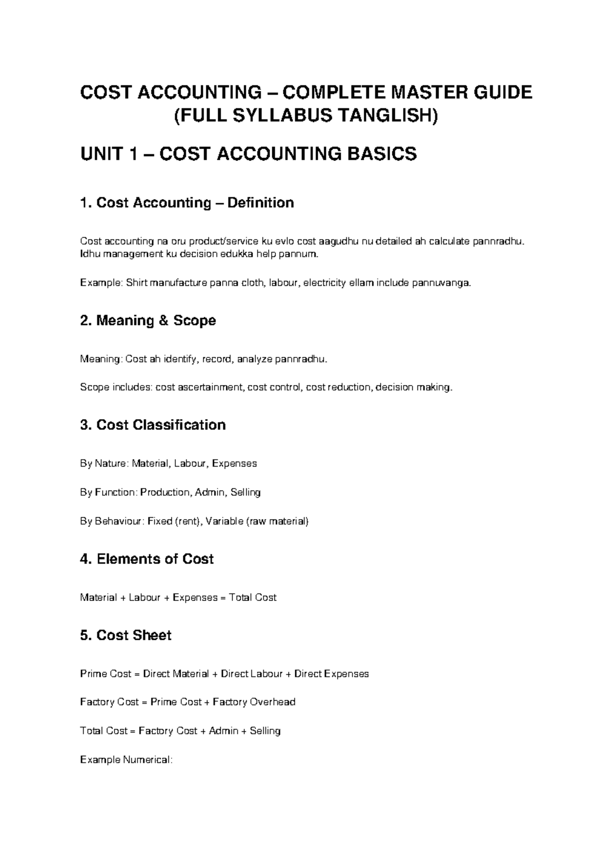 COST ACCOUNTING MASTER GUIDE (FULL SYLLABUS) - UNIT 1 TO 4 - Studocu