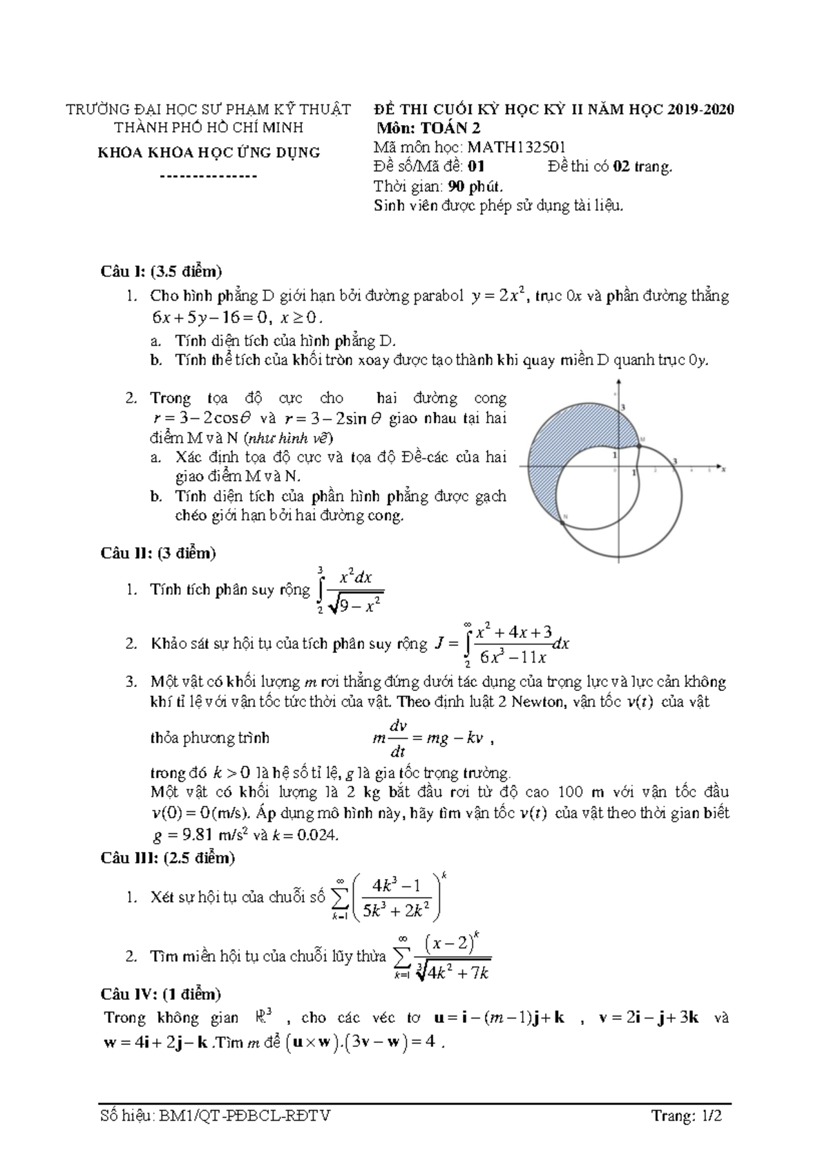 Đề Thi Cuối Kỳ II Môn Toán 2 - MATH - Năm Học 2019-2020 - Studocu