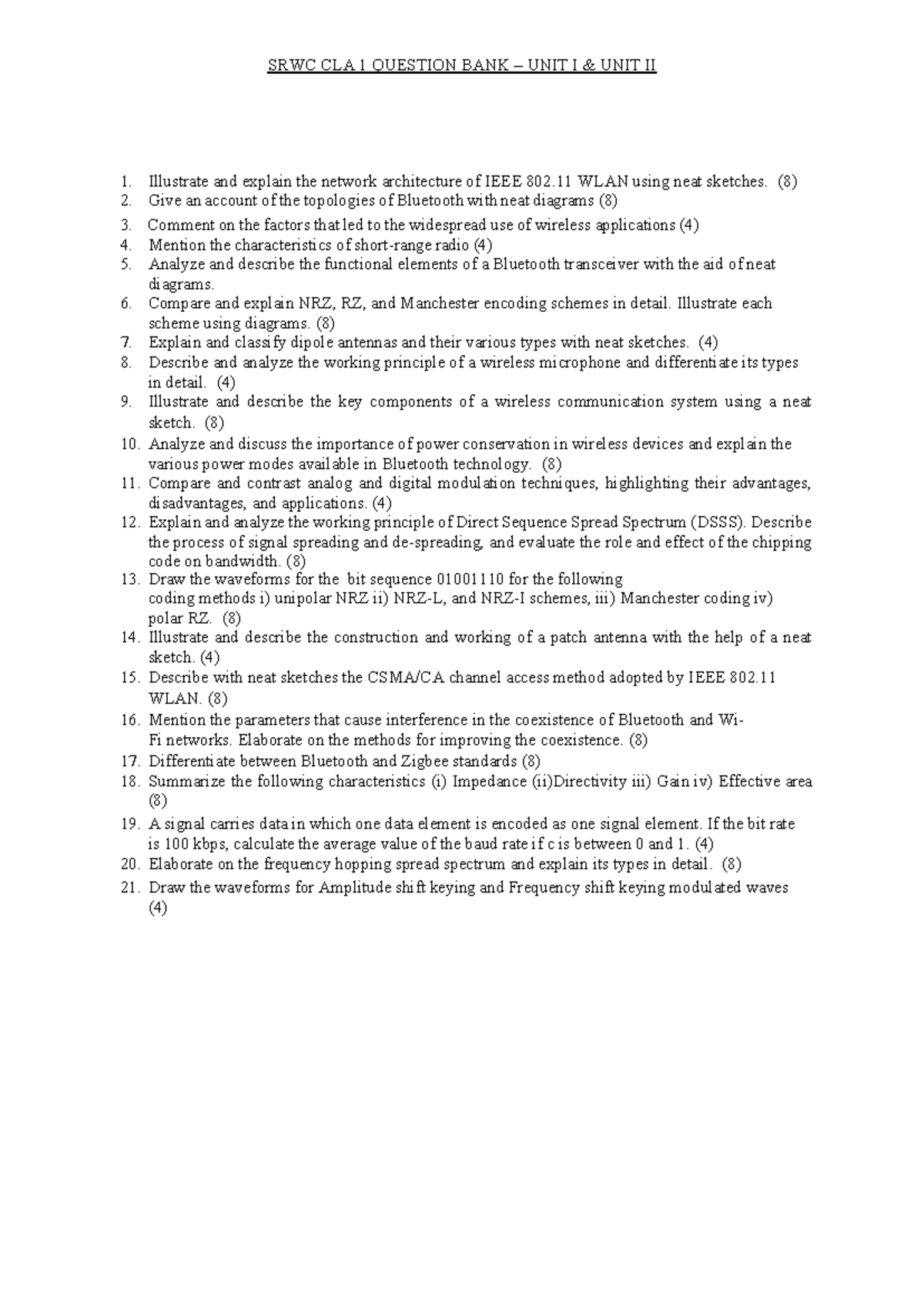 SRWC CLA1 Question Bank: Wireless Communication Concepts & Techniques ...