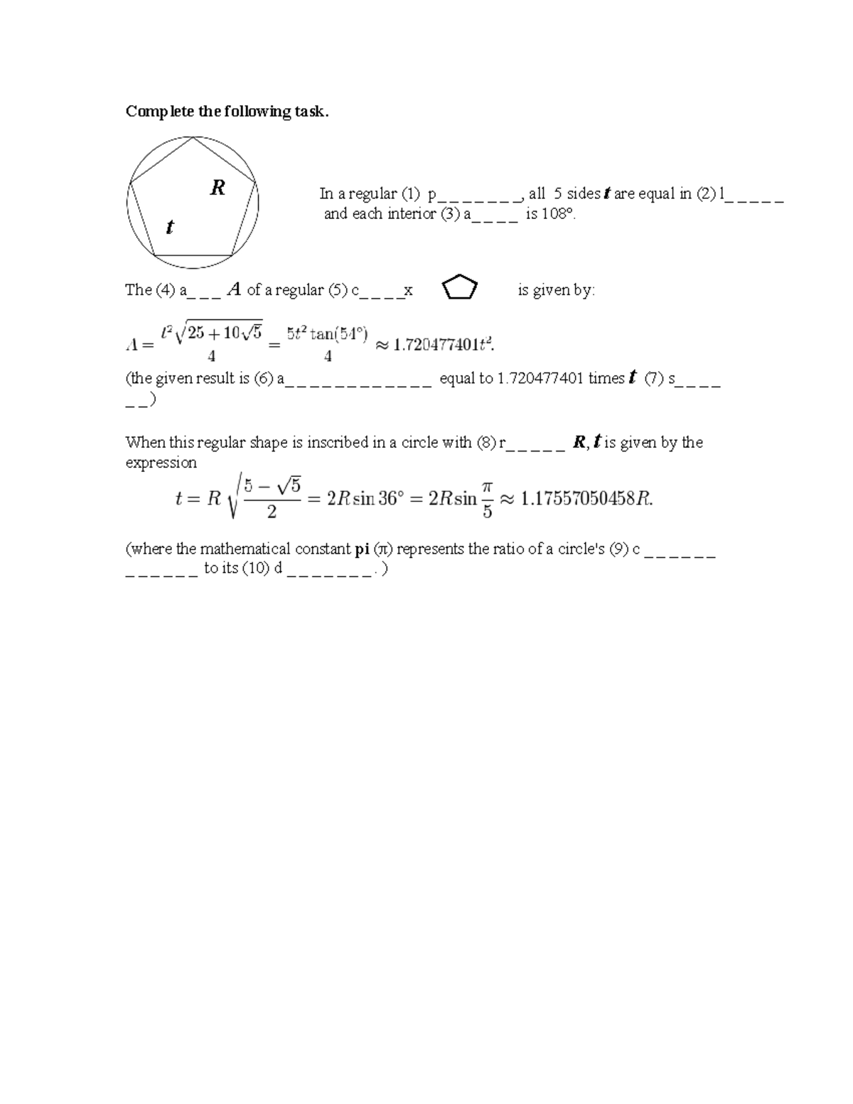 Maths - task - Complete the following task. The (4) a_ _ _ A of a ...