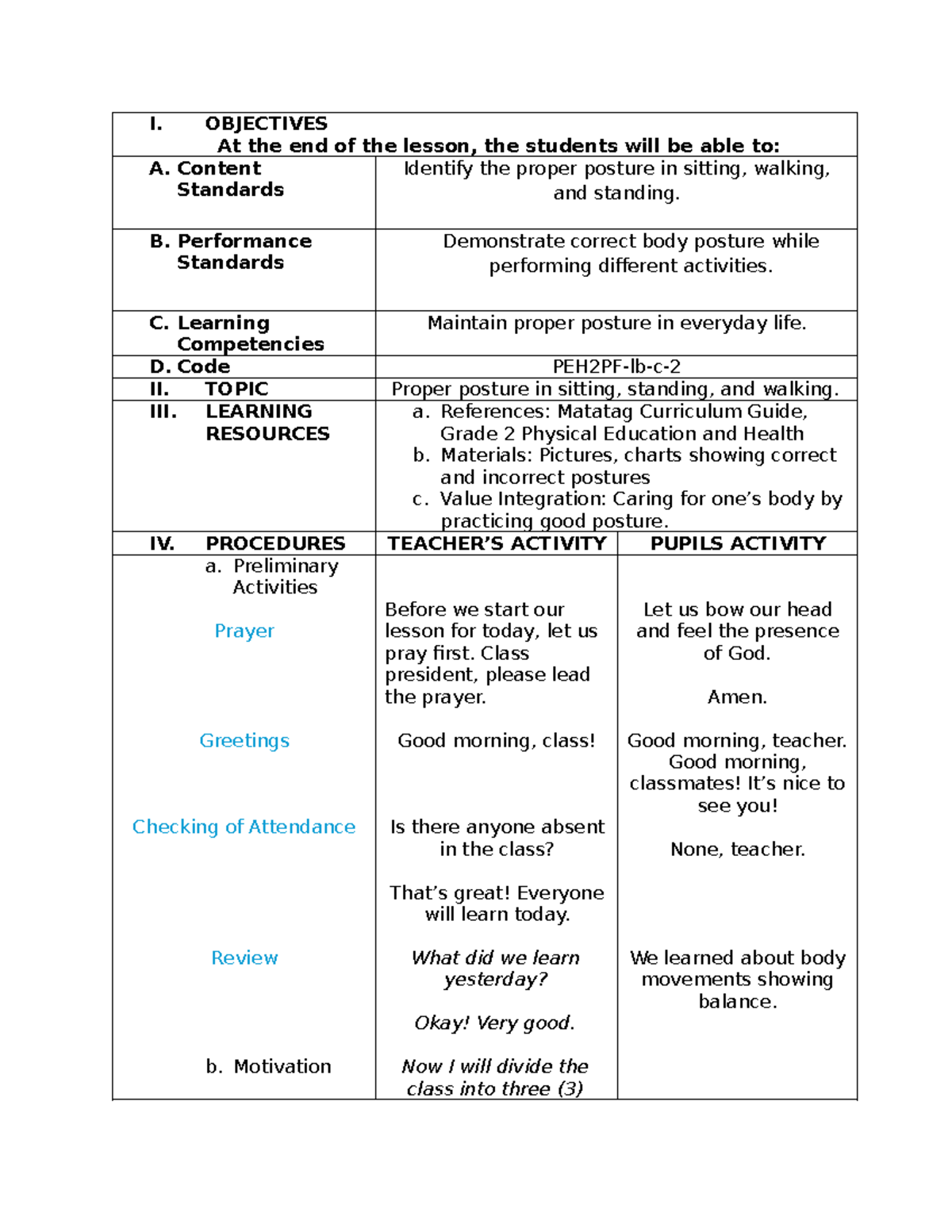 Proper Posture Lesson Plan (DLP) - Grade 2 Physical Education - Studocu