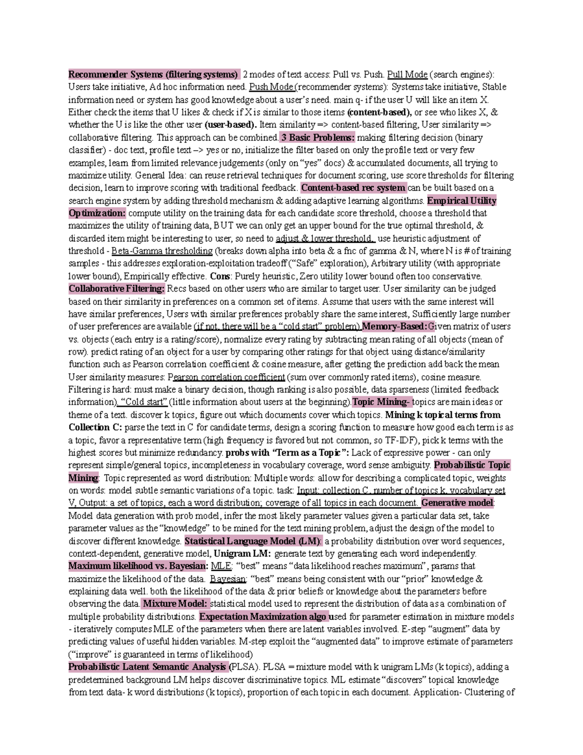 Final Cheat Sheet: Recommender Systems & Topic Mining Concepts - Studocu