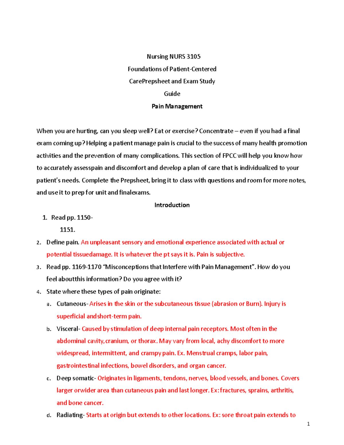 NURS 3105 Pain Management Prepsheet & Exam Study Guide - Studocu