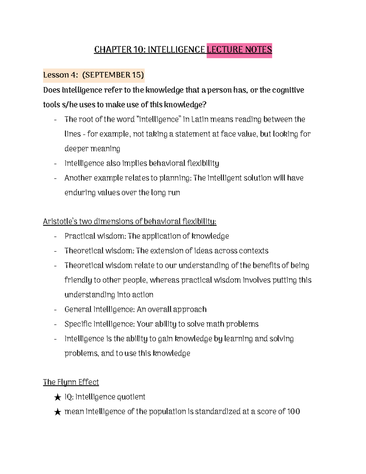 PSY1102 Chapter 10: Intelligence Lecture Notes (Sept 15-27) - Studocu
