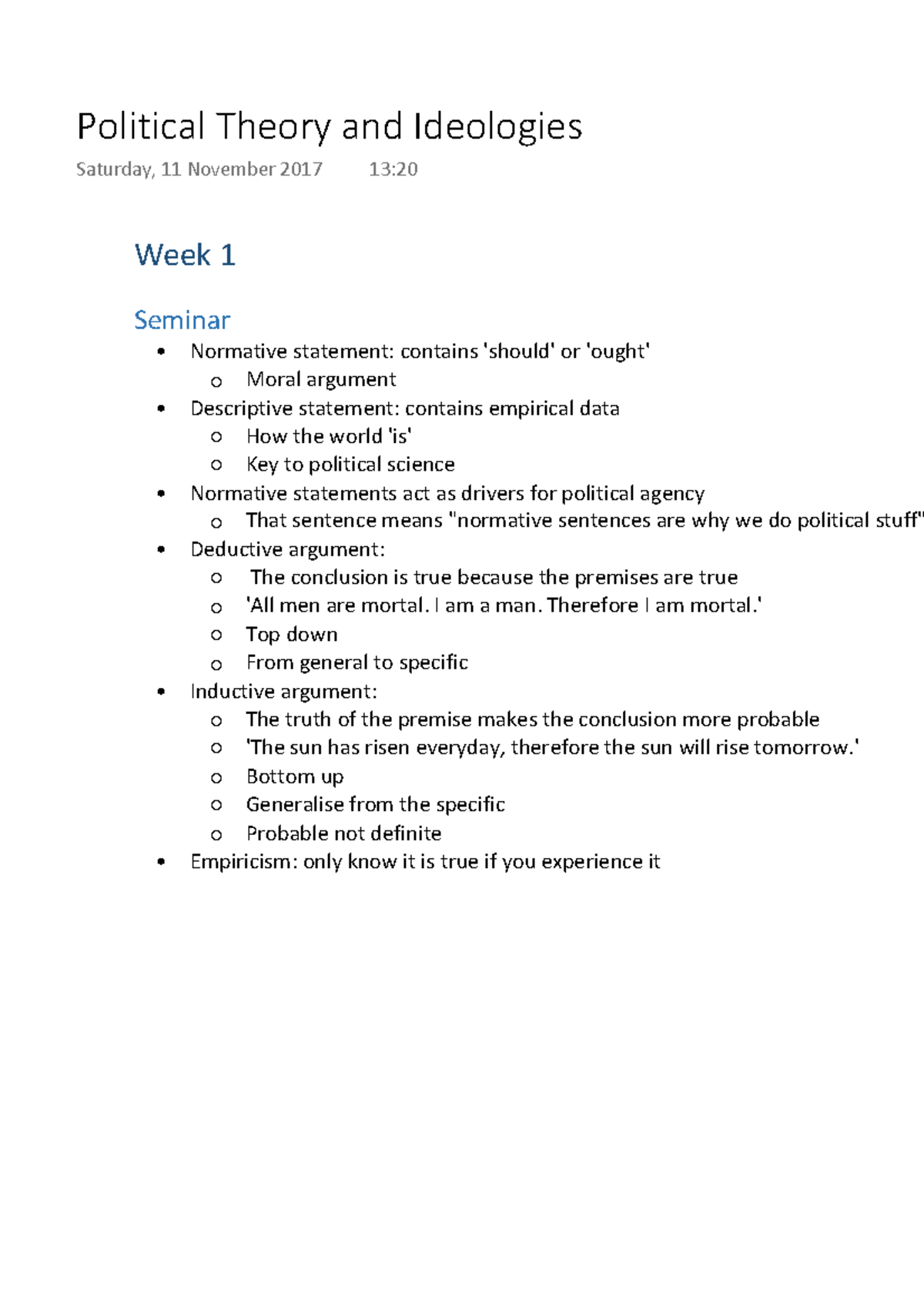 Political Theory & Ideologies (POLS 101) - Seminar Notes & Key Concepts ...