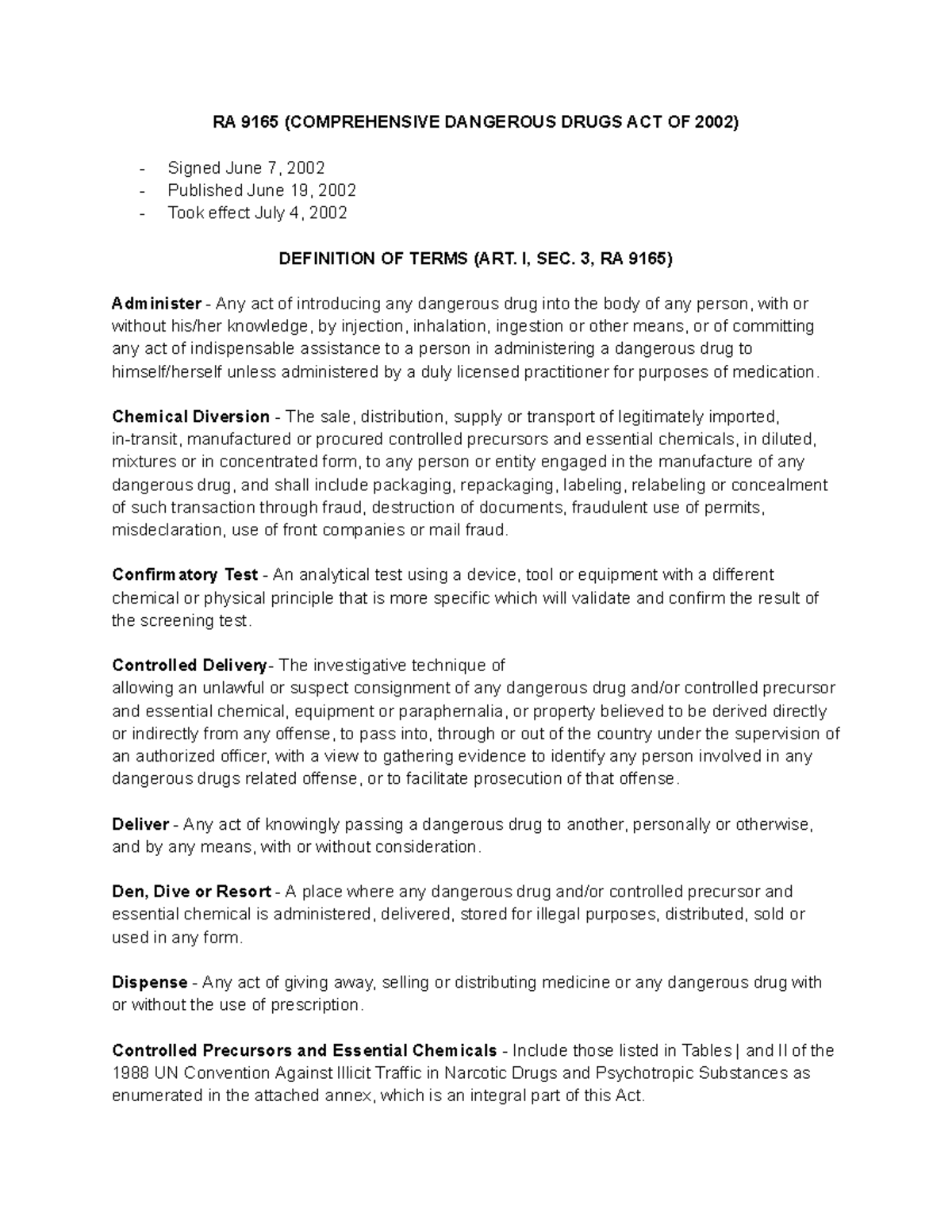 RA 9165 ( Comprehensive Dangerus Drugs ACT OF 2002 ) - RA 9165 ...