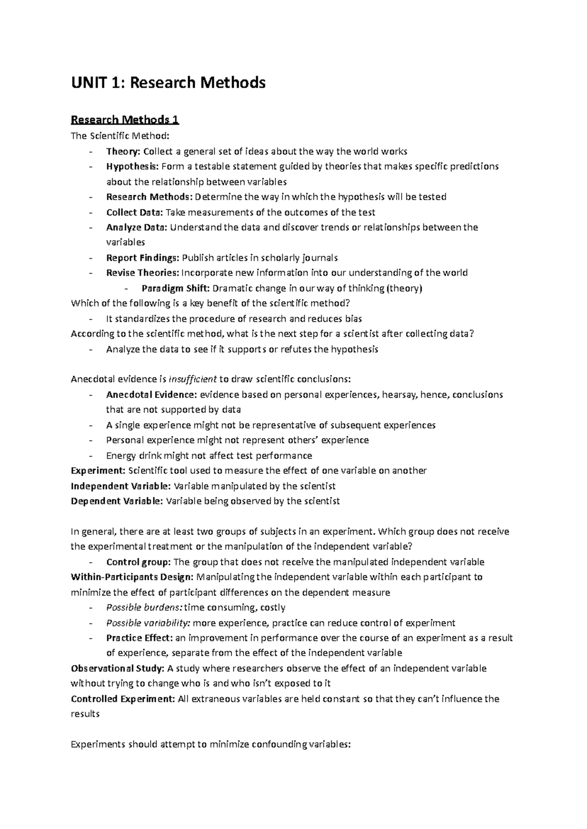 PSYCH 1X03 Final Exam Study Notes: Research & Conditioning Methods ...
