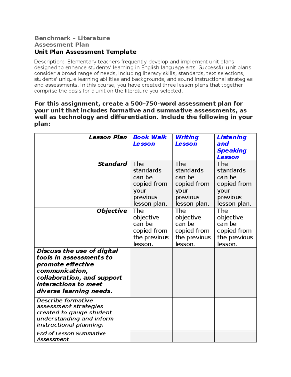Assessment Plan for Literature - ELA 101: Unit Development & Reflection ...