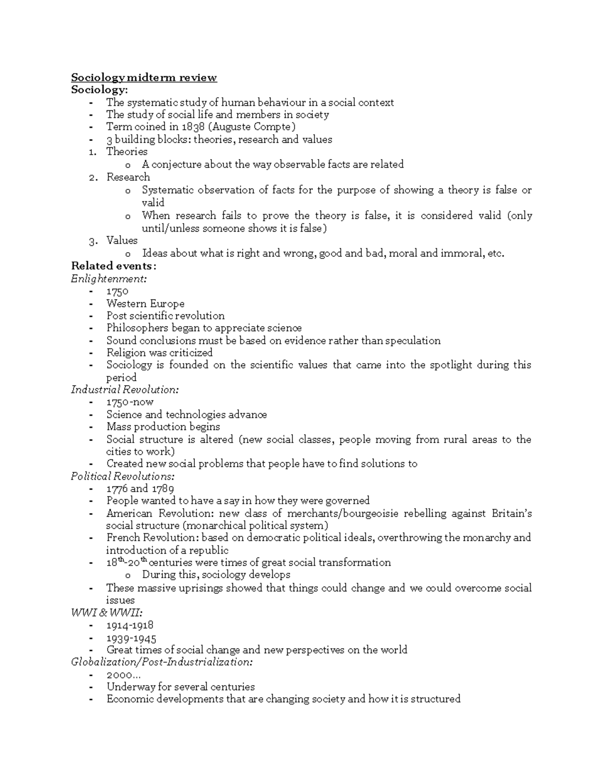 Sociology SOC101 Midterm Exam Comprehensive Review Notes - Studocu