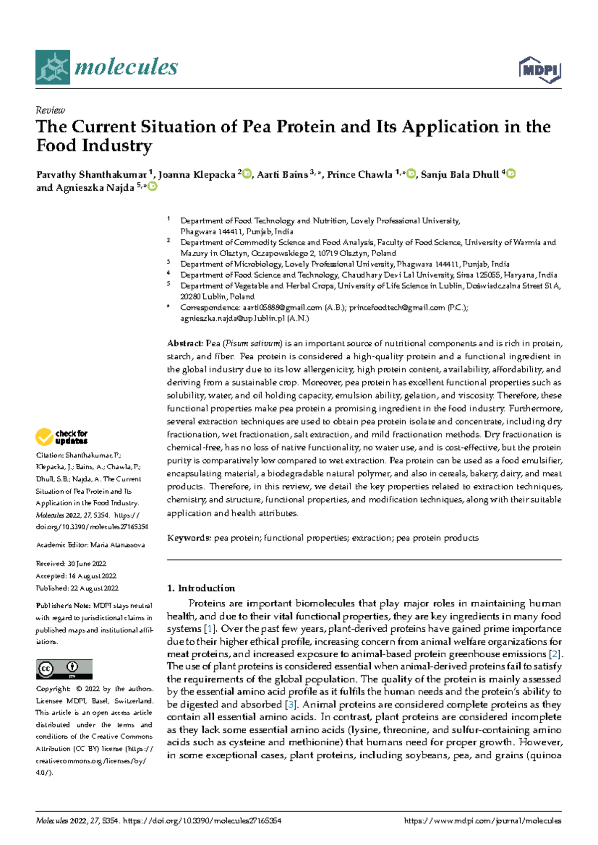 Molecules 2022: Review of Pea Protein Applications in Food Industry ...