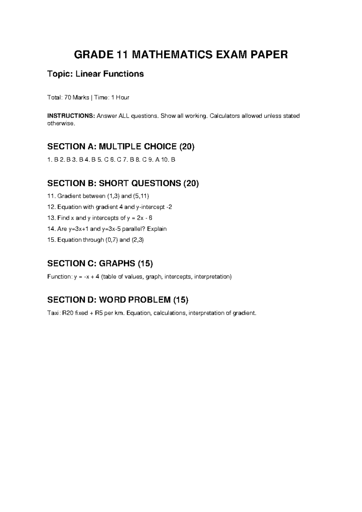 Grade 11 Mathematics Exam: Linear Functions (With Memo) - Studocu