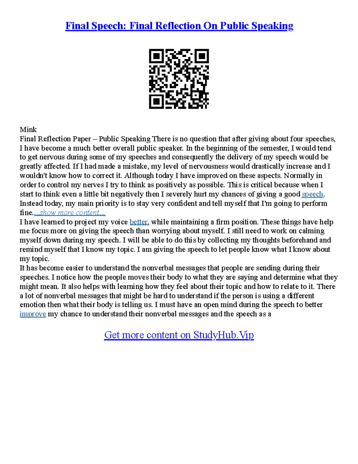 Final Reflection Paper - Public Speaking (ENG 101) - Studocu