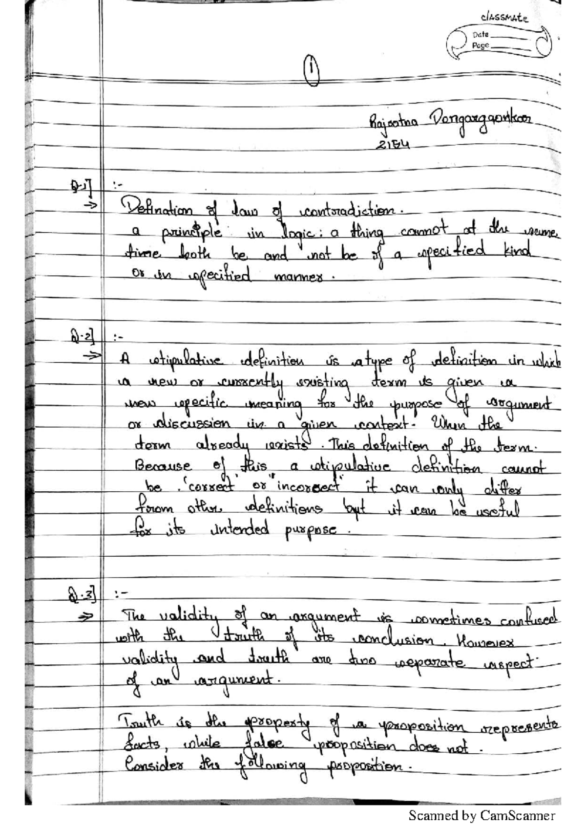 2154 Logic - very good assignment - classmate Date Page 1 Rajoatna ...