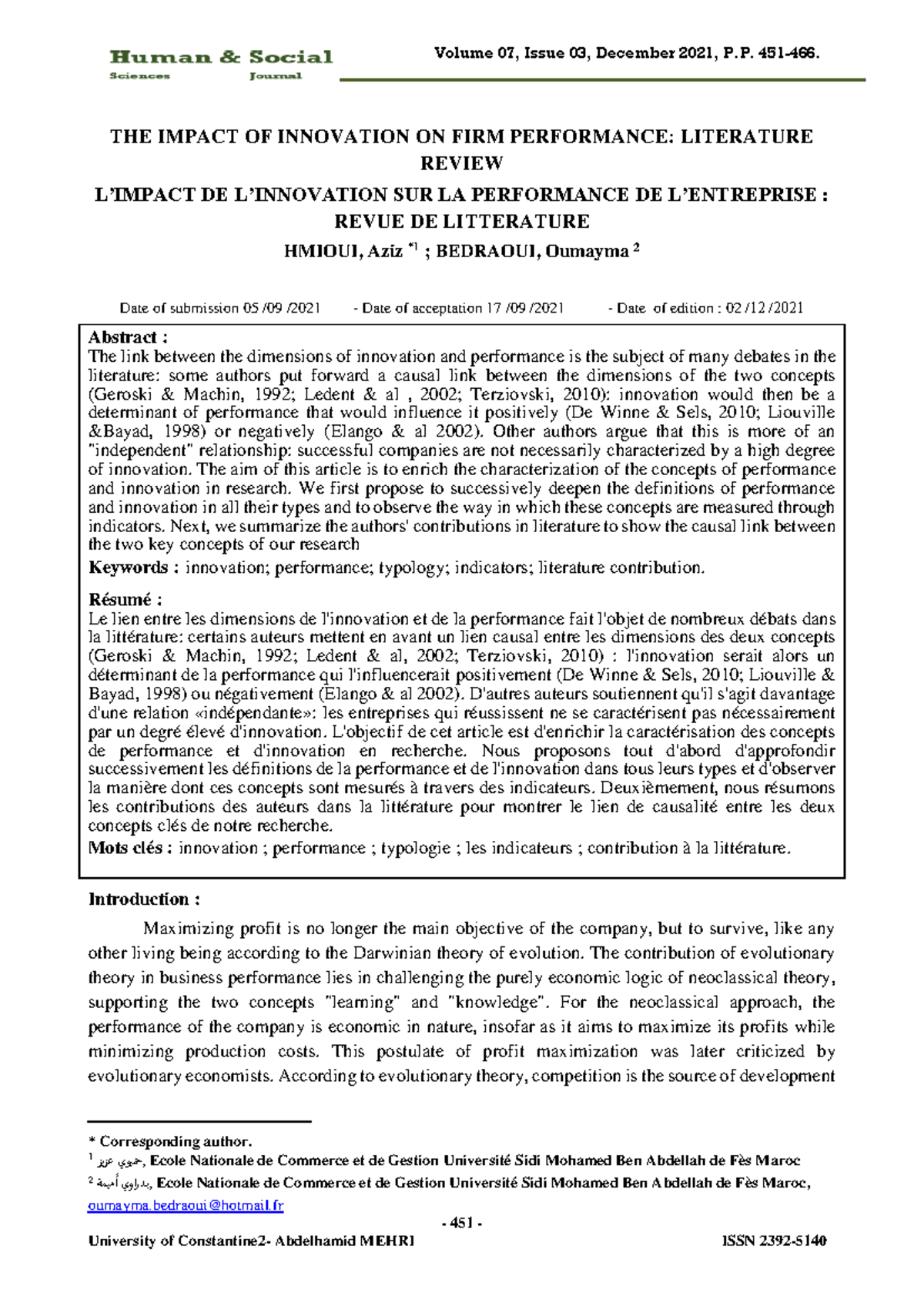 L'IMPACT DE L'INNOVATION SUR LA PERFORMANCE DE L'ENTREPRISE: REVUE DE ...