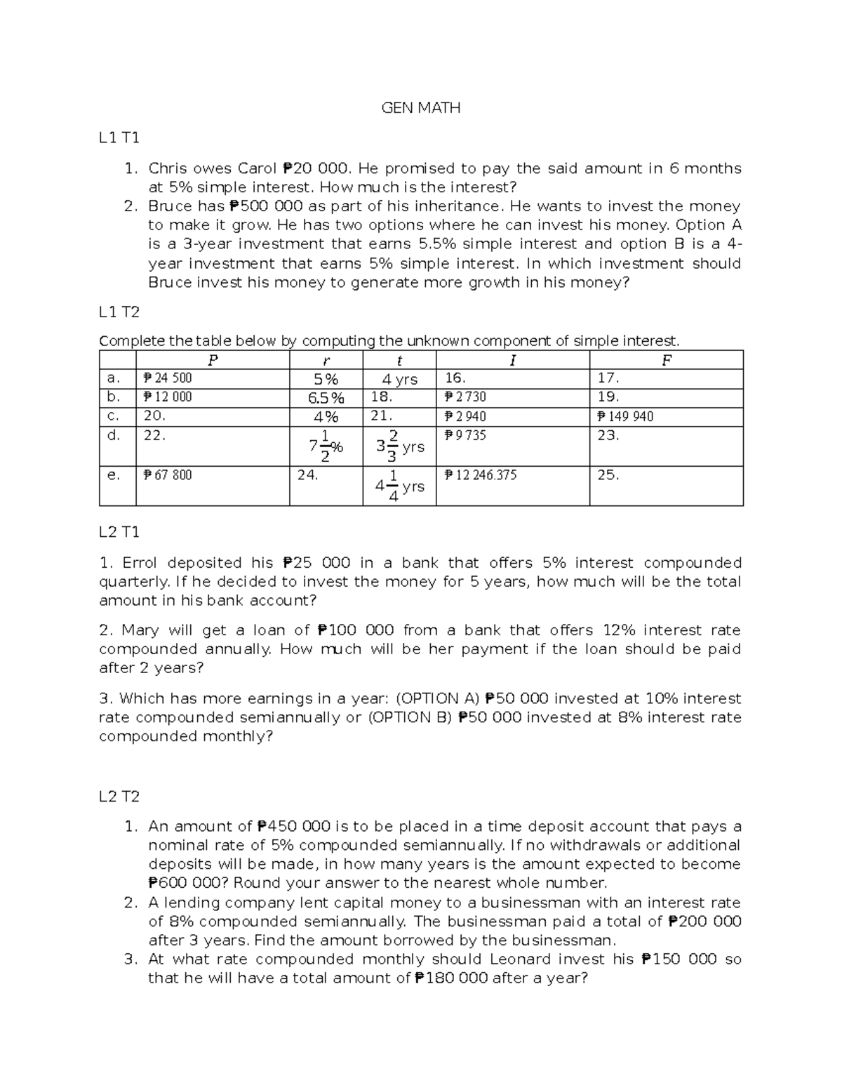 GEN MATH L1 & L2 - 2nd Sem Practical Exam on Interest Calculations ...