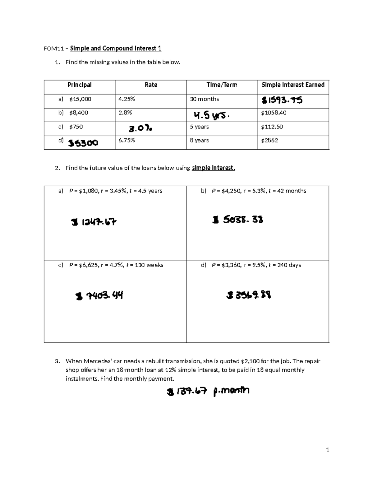 FOM11 Simple and Compound Interest Worksheet 1 Key - Studocu