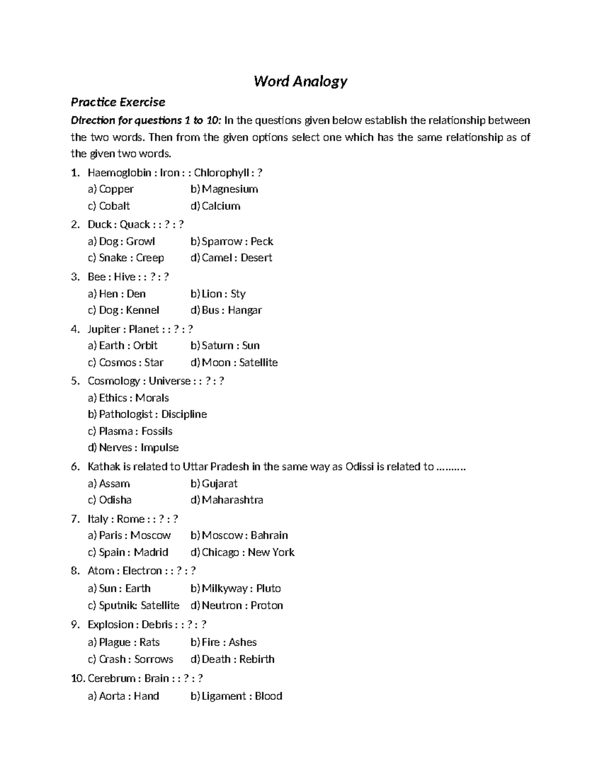Word Analogy Questions - Word Analogy Practice Exercise Direction for ...