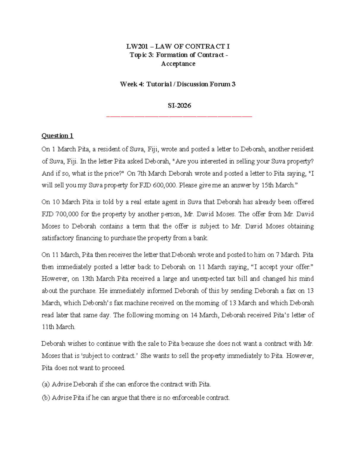 LW201 LAW OF CONTRACT I: Week 4 Tutorial 3 - Formation of Contract ...