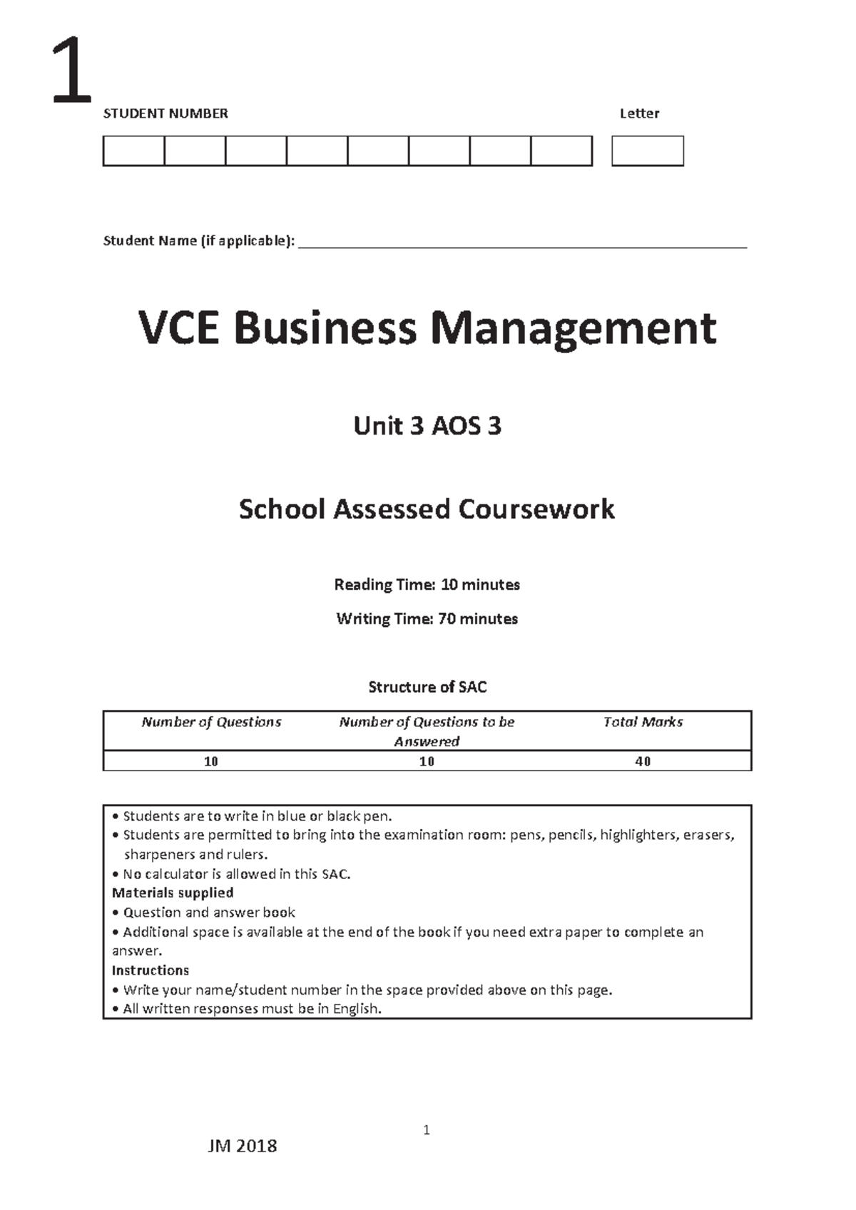 Practice SAC for VCE Business Management Unit 3 AOS 3: Case Study on ...