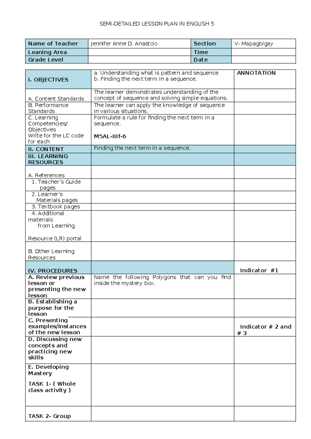 COT MATH Q3 - MATH 5 Lesson Plan: Understanding Sequences - Studocu