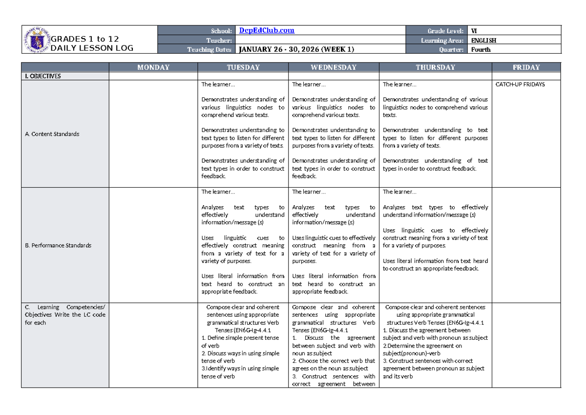 DTC DLL English 6 Q4 W1: Daily Lesson Log for January 26-30, 2026 - Studocu