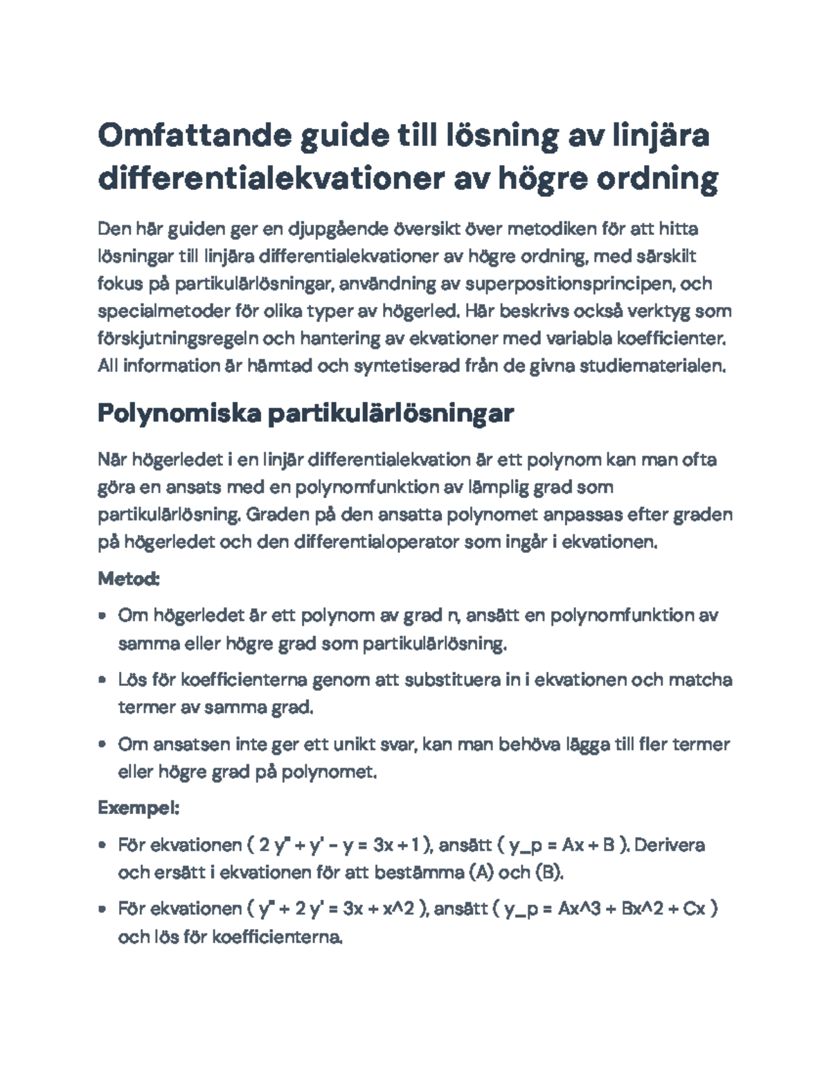 Guide till lösning av linjära differentialekvationer av högre ordning ...