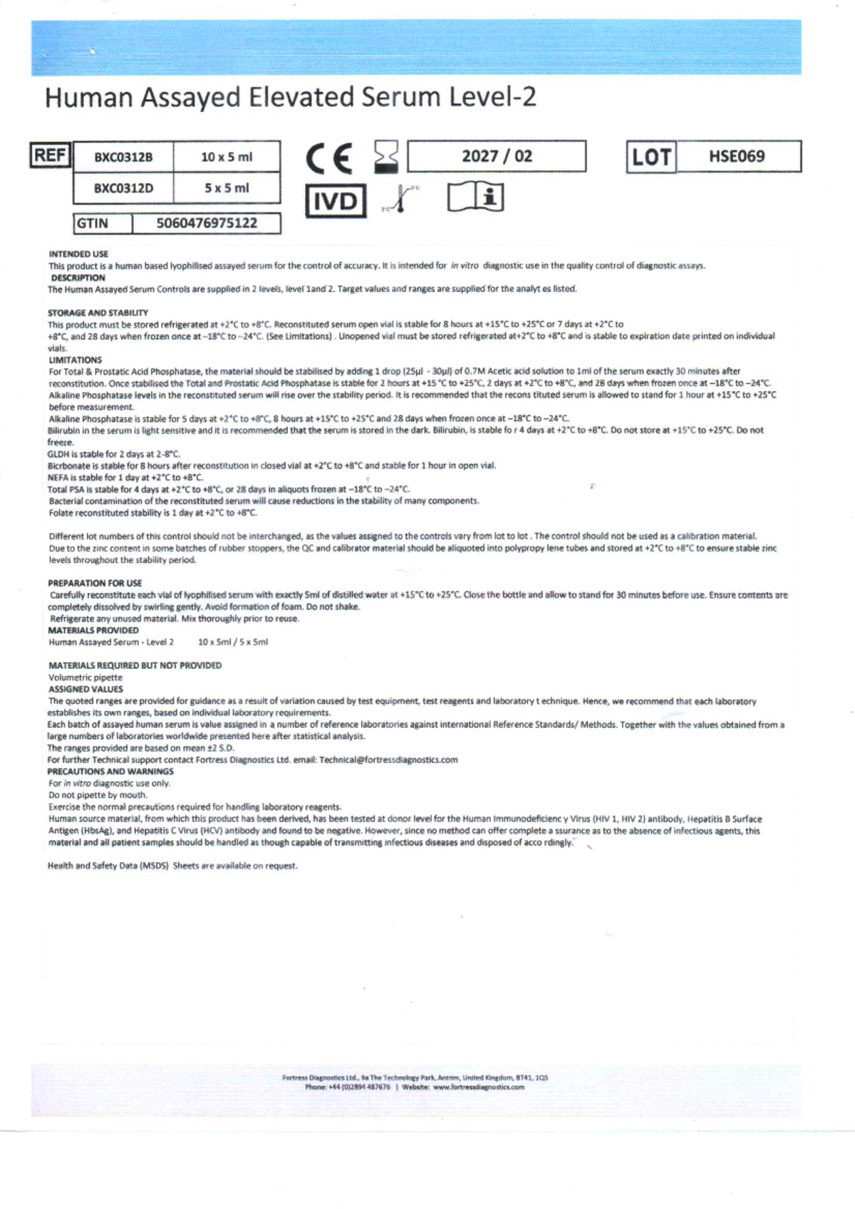 Human Assayed Serum Controls Level 2 (REF BXC0312B) - Studocu