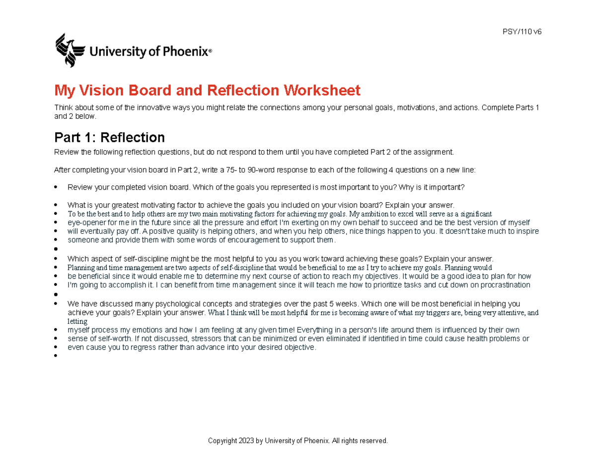 PSY/110 v Reflection and Vision Board Assignment Worksheet - Studocu