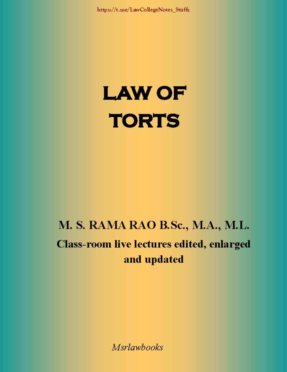 Law of Torts I: LLB First Semester Lecture Notes and Insights - Studocu