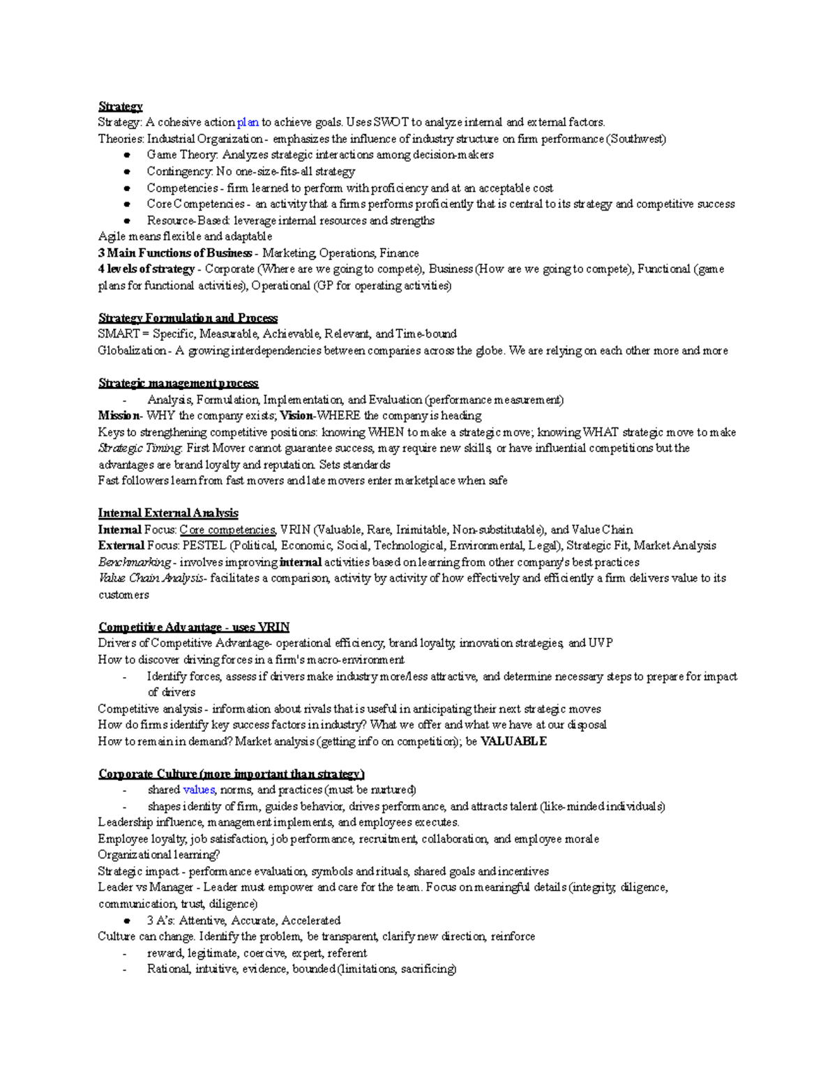 Strategic Management Study Guide: Analyzing Competitive Advantage and ...