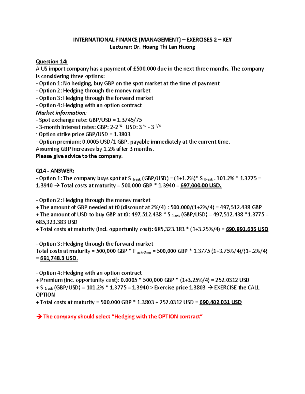 IFM (Management) Exercises 2 Key - Hedging Options Analysis - Studocu