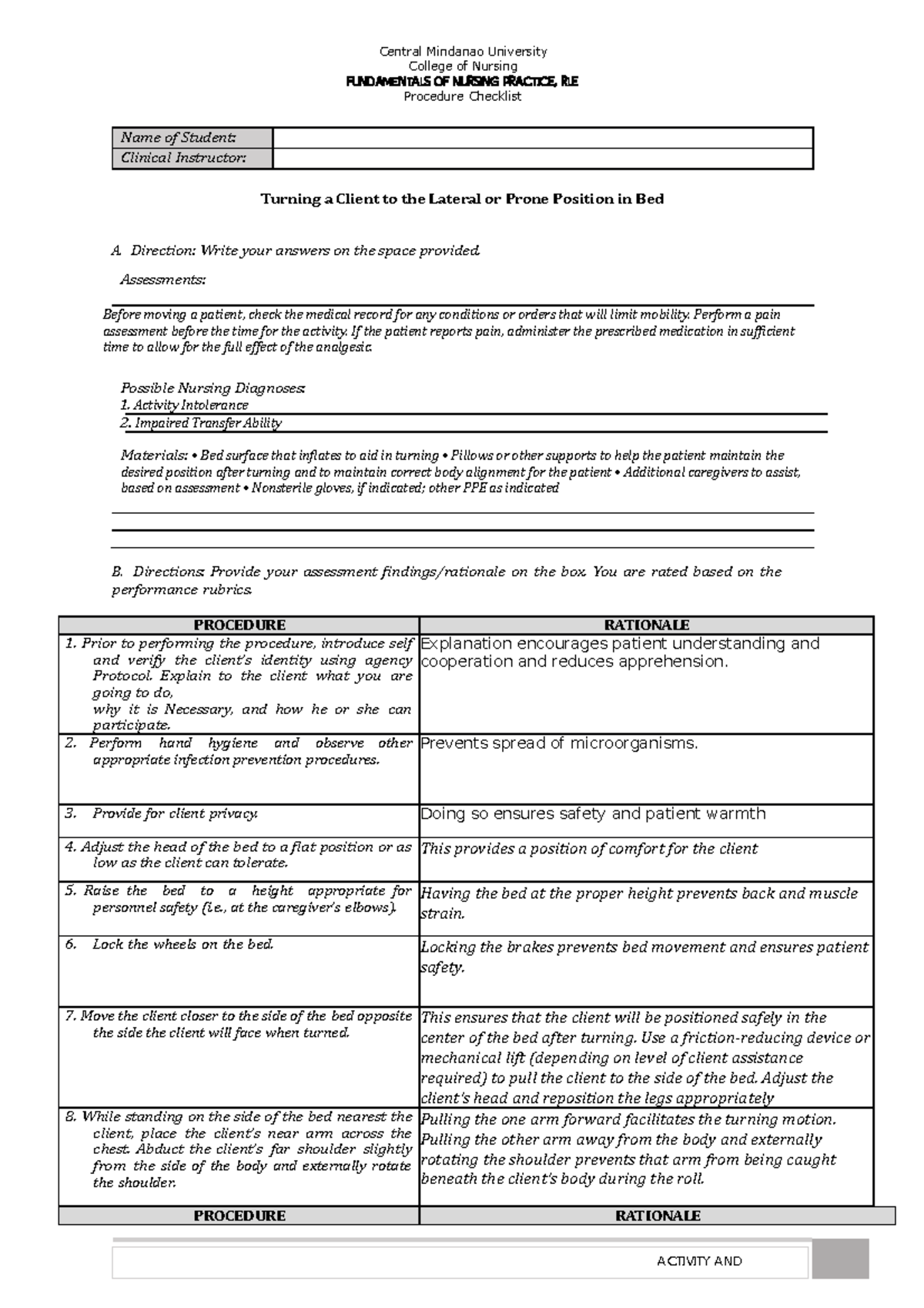 Rationale Turning Client TO THE Lateral OR Prone Position IN BED ...