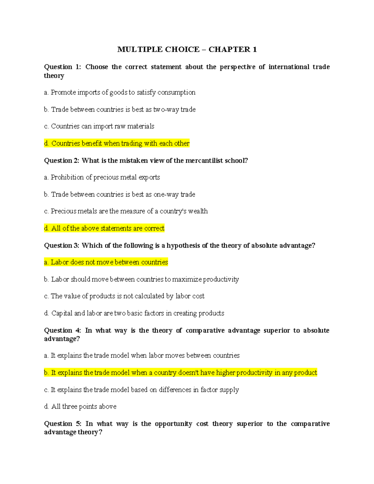 Multiple Choice Questions on International Trade Theory - Chapter 1 ...