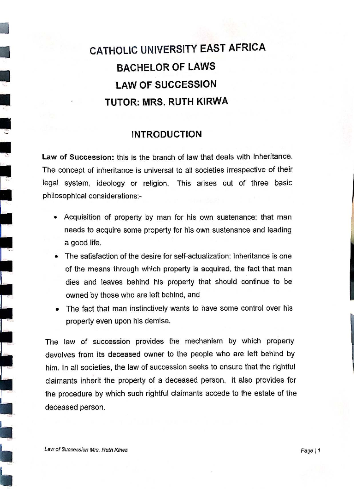Succession notes 1 notes from lecturer - CATHOLIC UNIVERSITY EAST ...