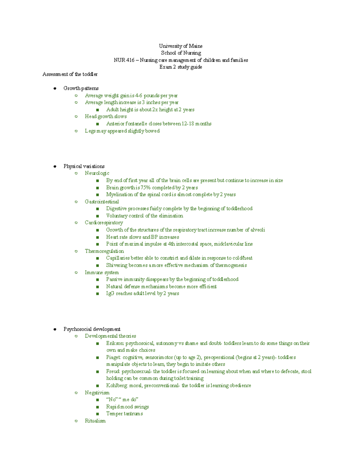 NUR 416 Exam 2 Study Guide: Pediatric Nursing Care Management - Studocu