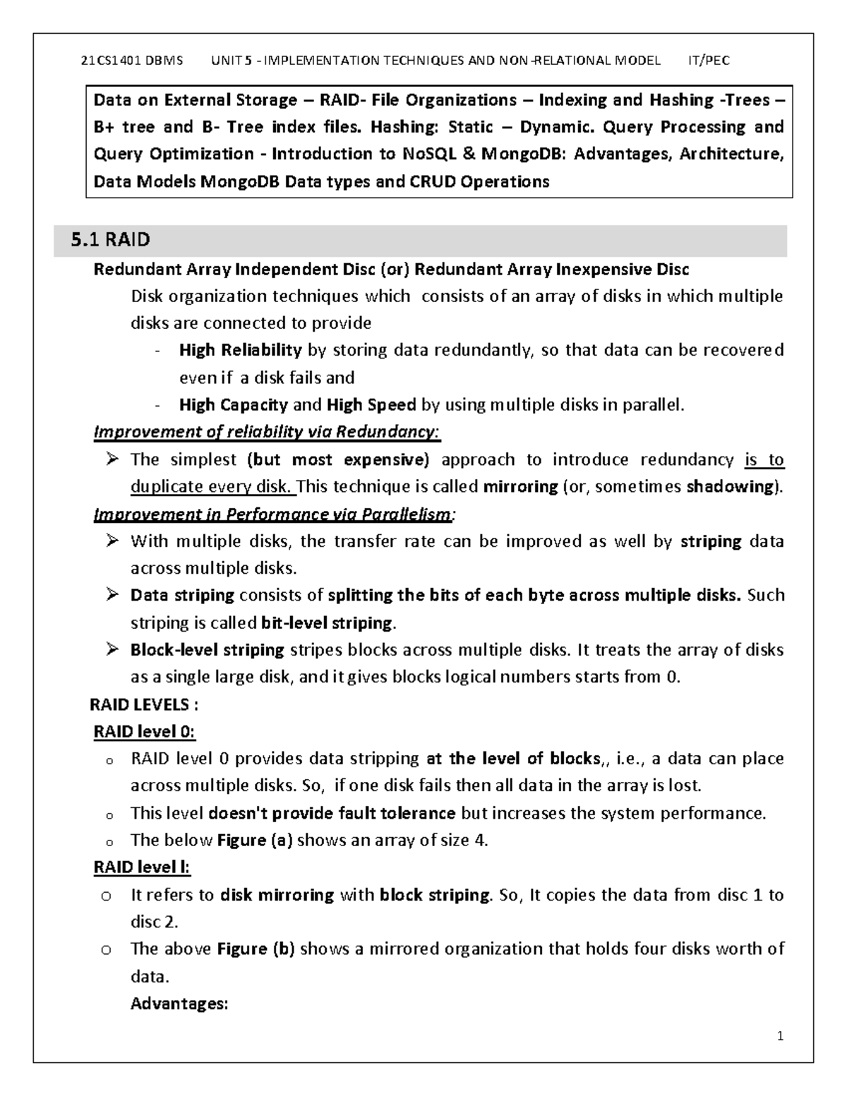 21CS1401 UNIT-5 DBMS Notes - Data on External Storage – RAID- File ...