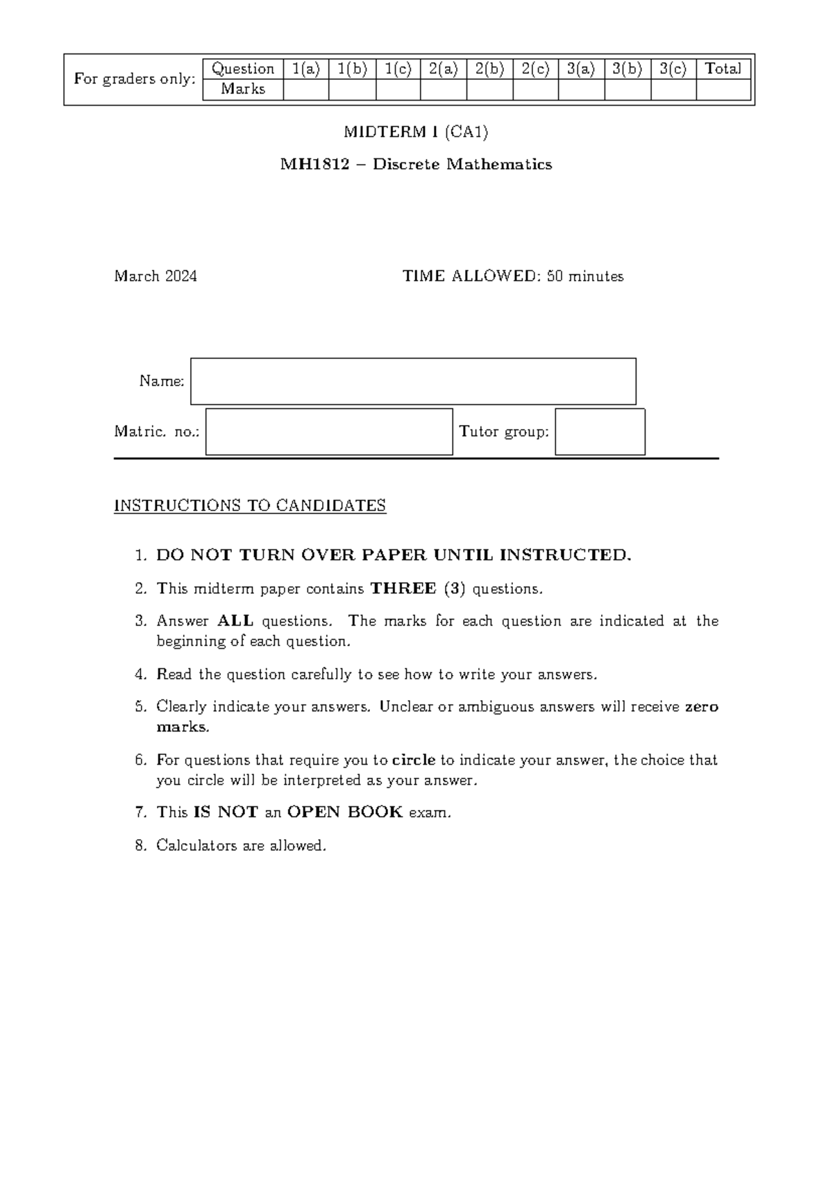 Midterm I (CA1) MH1812 Discrete Mathematics Exam Questions - Studocu