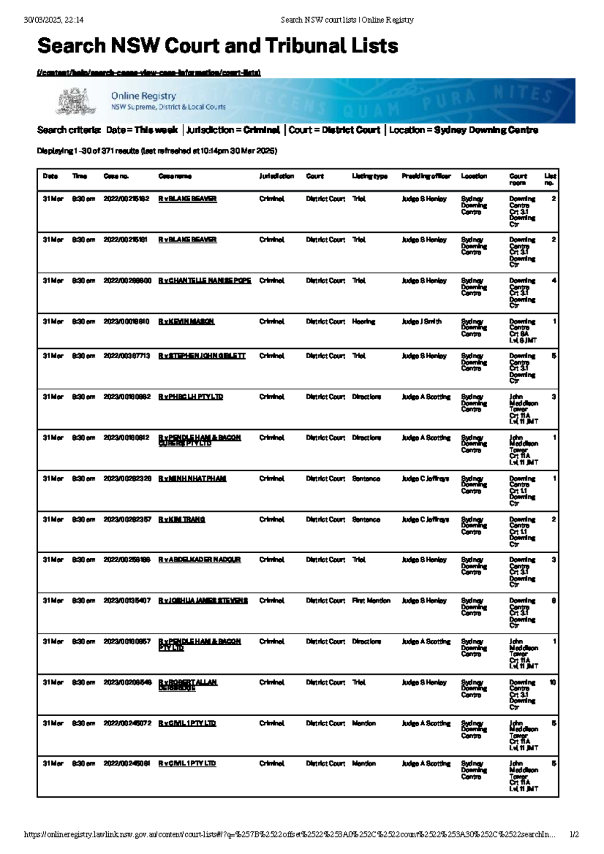 22:14 Criminal Court Listings for Sydney Downing Centre - Mar 31 - Studocu